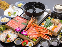 <飲み放題付>【2種のスープを3種の付けダレで味わうしゃぶ鍋】県産牛サーロイン・柚子豚ロース・楚蟹足