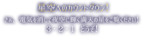 星空へのカウントダウン！さぁ、電気を消して夜空に輝く満天の星をご覧ください！3・2・1　どうぞ！