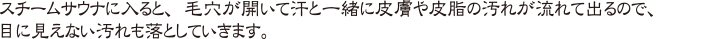 スチームサウナに入ると、毛穴が開いて汗と一緒に皮膚や皮脂の汚れが流れて出るので、目に見えない汚れも落としていきます。